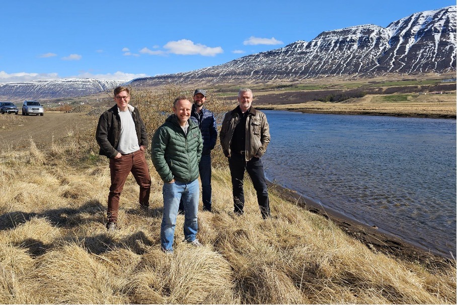 The research team at Eyjafjörður River at the end of April this spring: Erik Karlsson, Einar Eg. Nielsen, Magnus Wulff Jacobsen, and Þorleifur Ágústsson.