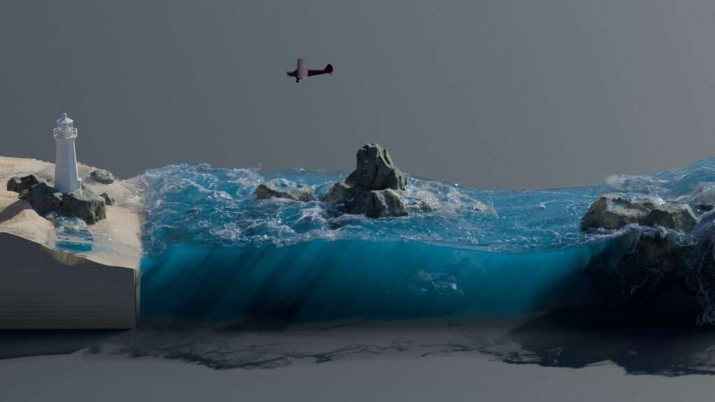 Image shows a digital twin ocean side profile image containing sea, beach and a lighthouse.