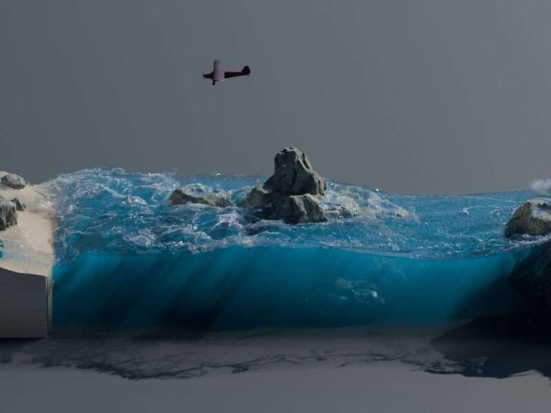 Image shows a digital twin ocean side profile image containing sea, beach and a lighthouse.